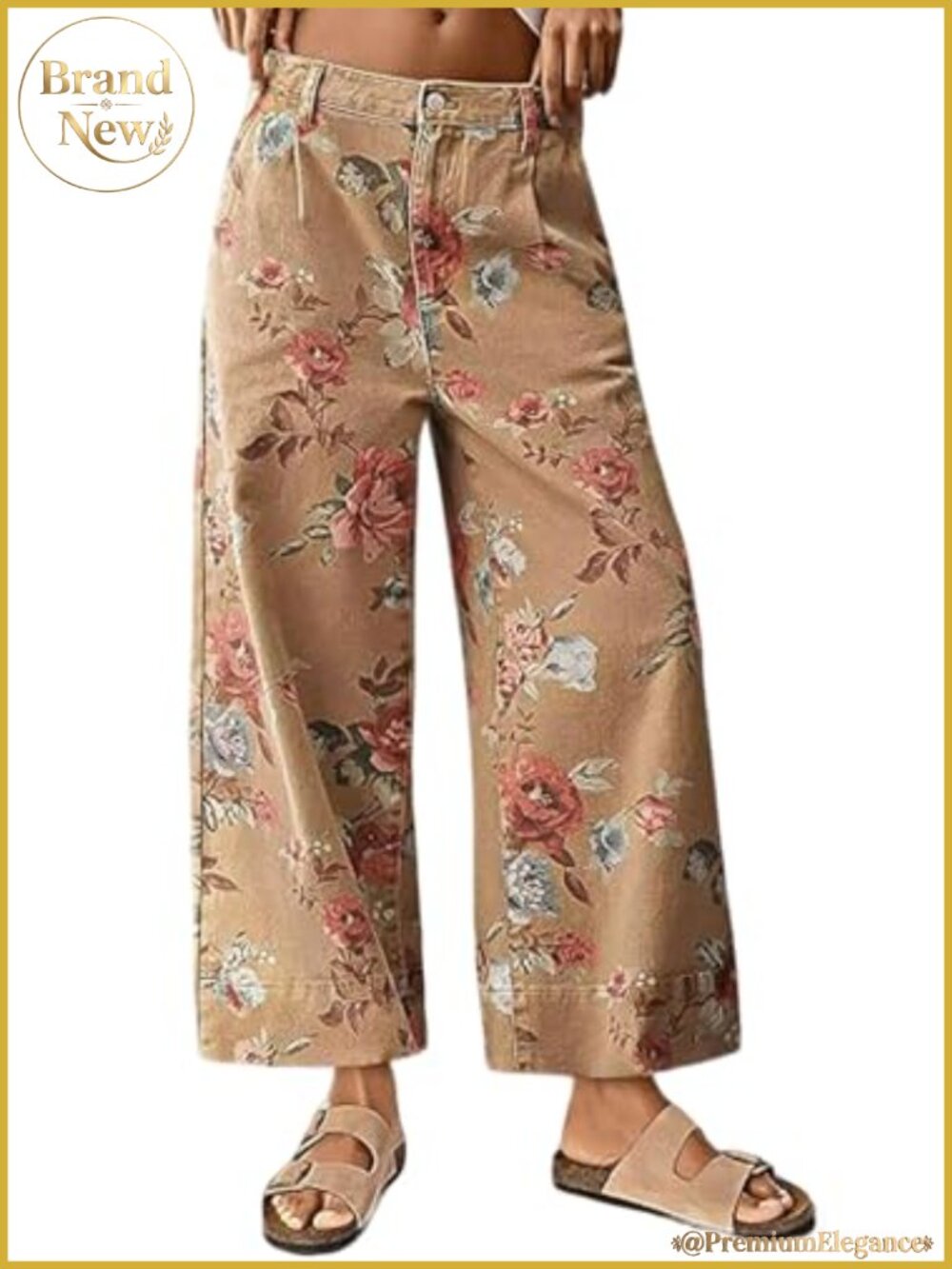 Women's Mid Rise Cropped Wide Leg Floral Jeans